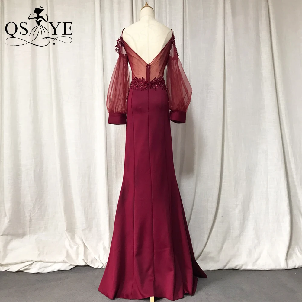 Dark Red Evening Dresses Sweetheart Long Sleeves Mermaid Evening Gown Bead Flower Party Shoulder Straps Formal Dress Illusion