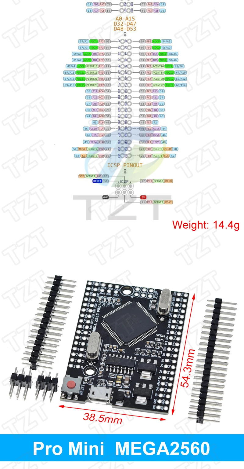 TZT MEGA2560 MEGA 2560 R3 (ATmega2560-16AU CH340G) AVR USB-Board Entwicklungsboard MEGA2560 für Arduino – Detail 9