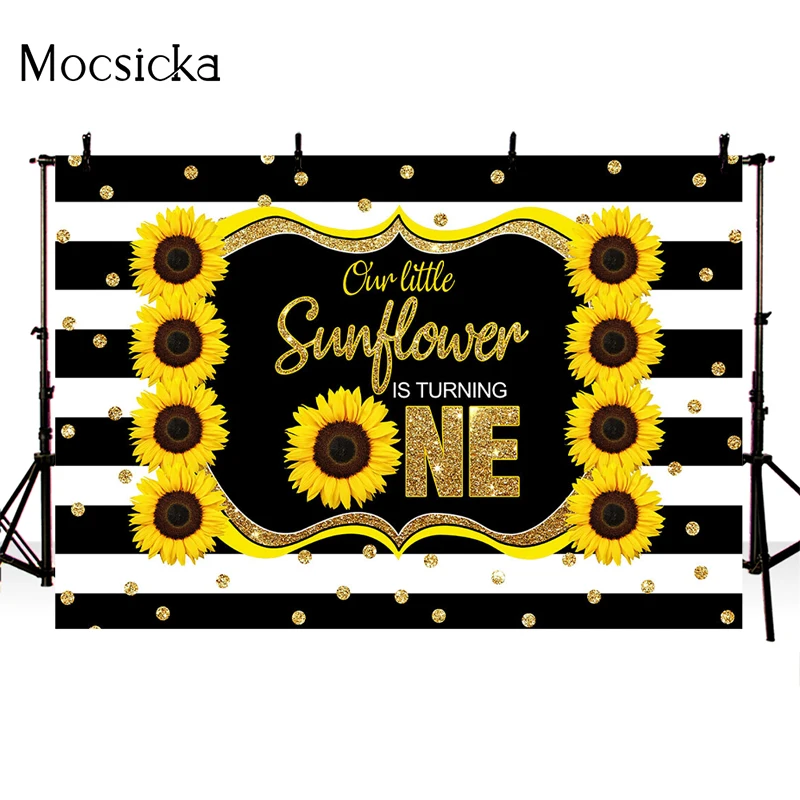 Mocsicka 1st Birthday Photography Background Striped Sunflower Decoration Props Children's Birthday Party Photo Backdrop Studio