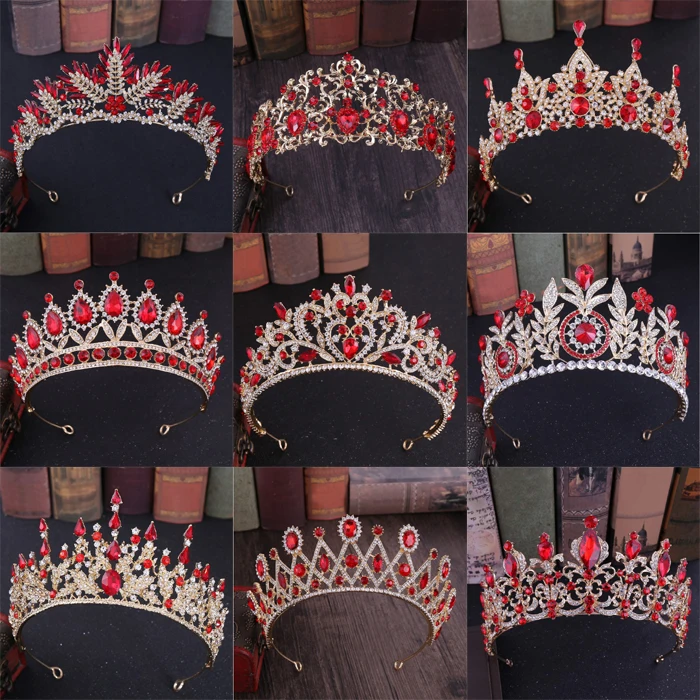 Fashion Baroque Magnificent Big Red Crystal Bridal Tiaras Wedding Crown for Bride Pageant Headbands Wedding Hair Accessories