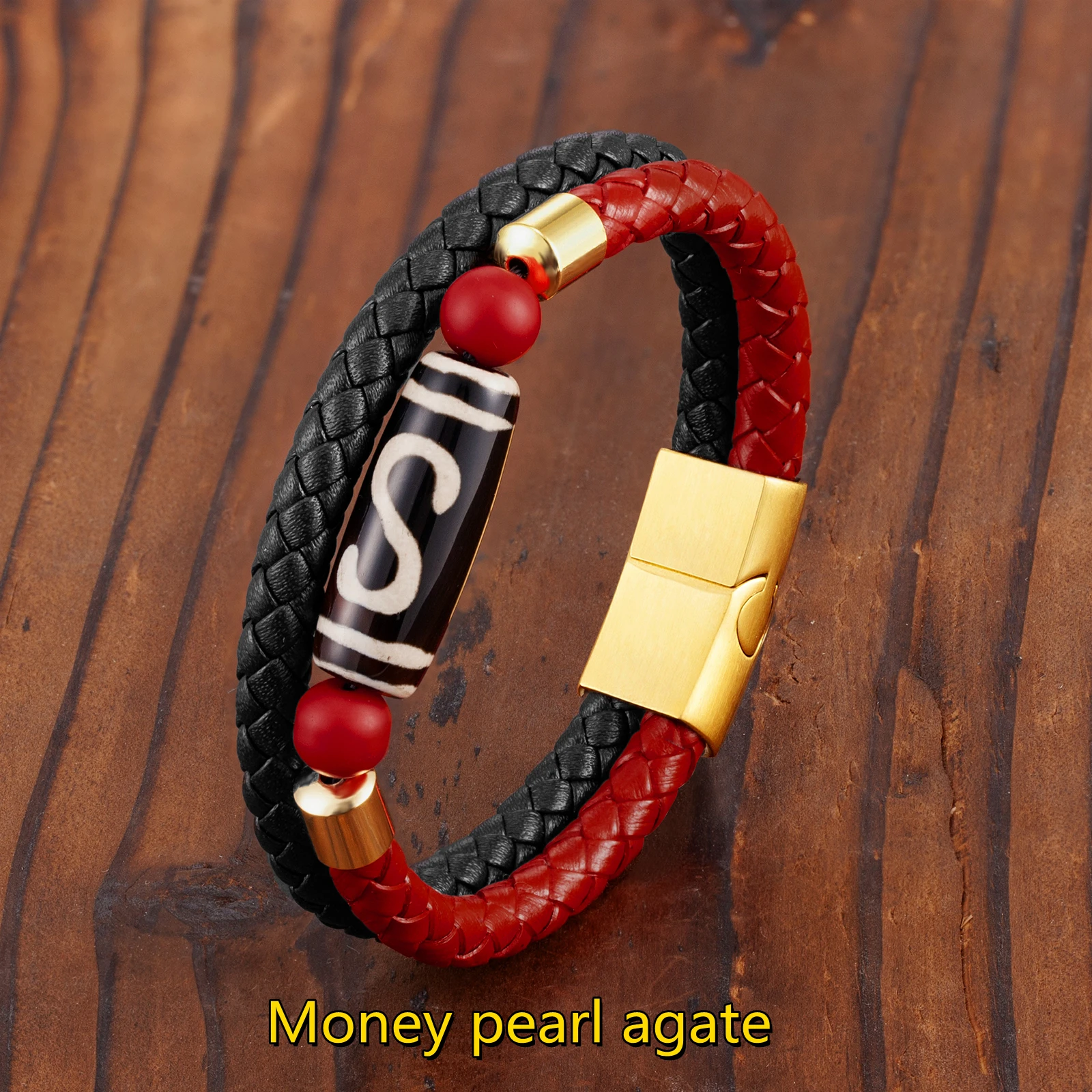 

New Long Oval Money Lucky Dzi Natural Agate Two-Color Ethnic Style Ladies Bracelet 316L Stainless Steel Leather Rope Bracelet