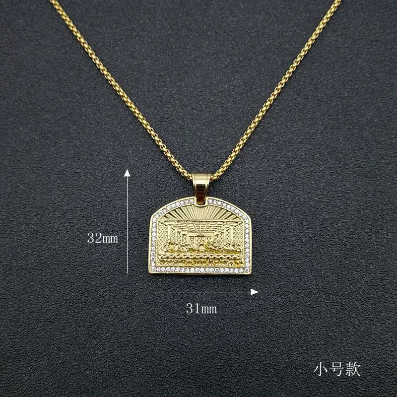 Hip Hop Bling Iced Out Rhinestones Stainless Steel The Last Supper Geometric Square Pendant Necklace for Men Rapper Jewelry