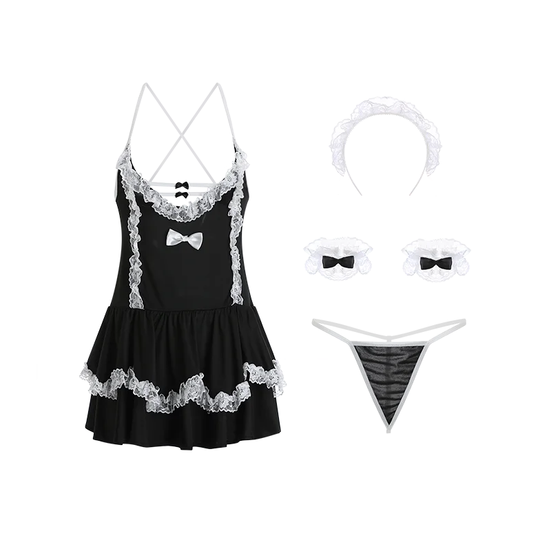 Sexy Mousse 2023 New Women Pajama Suit Sexy Lingerie Sexy Deep V Lace Sweet Pettiskirt Maid Sling Nightdress Uniform Set