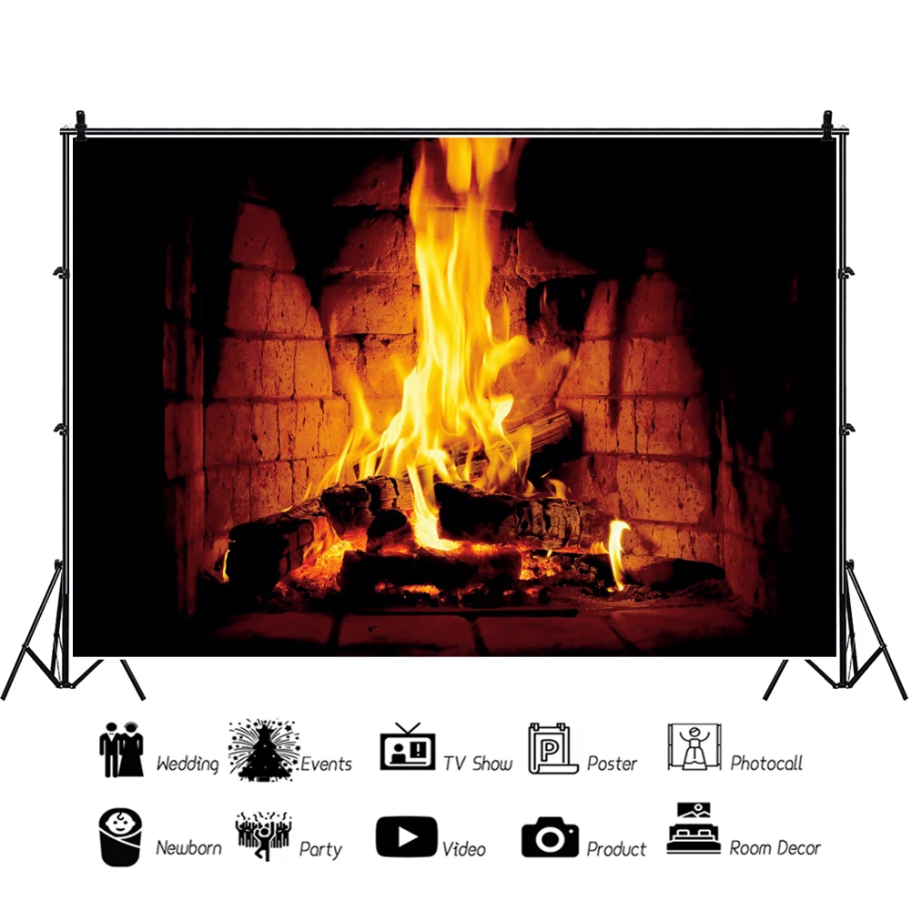Laeacco คริสต์มาสเตาผิงอิฐผนังเปลวไฟวันเกิด Party Portrait ถ่ายภาพฉากหลังภาพพื้นหลังสำหรับ Photo Studi