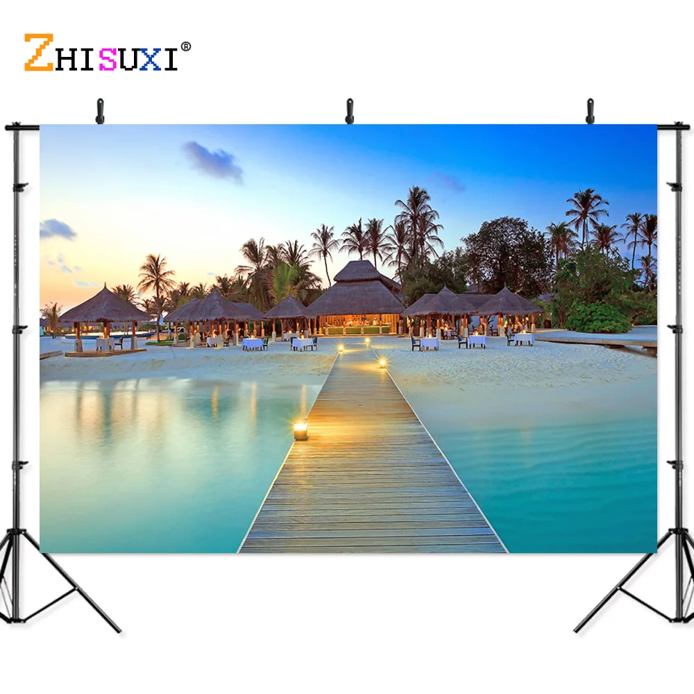 Summer Tropical Sea Beach Palms Tree Photography Background Natural Scenic Photo Backdrops Photo Studio Props 2133 HHB-07