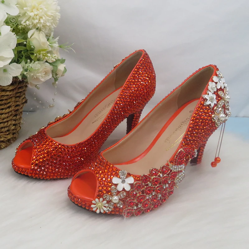 BaoYaFang Open Toe Orange crystal Peacock Crystal Bridal Wedding shoes and bag set Women Fashion High heel platform shoes Ladies