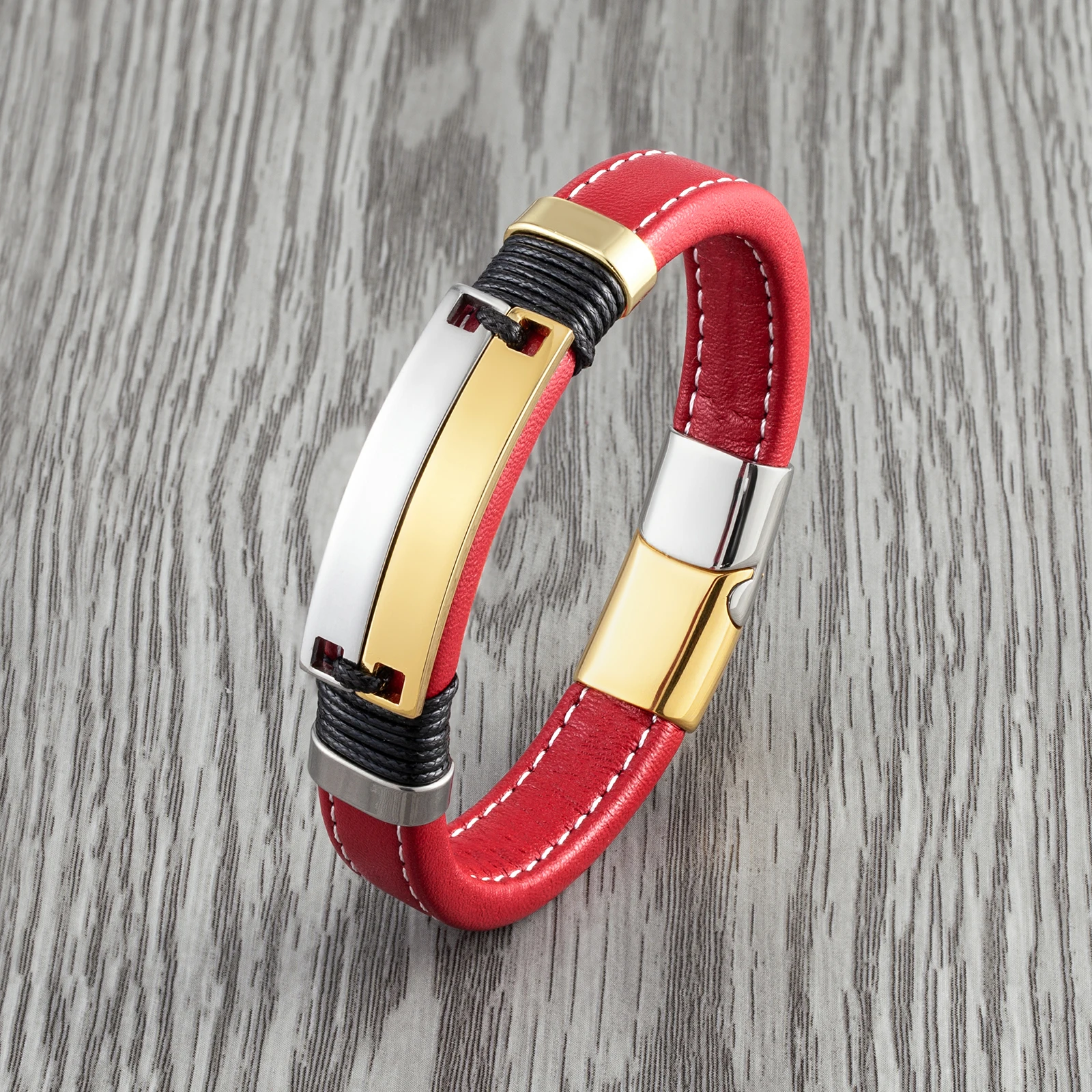 Double Row Glossy Stainless Steel Trendy Cool Jewelry Unisex Couple Punk Bracelet Charm Wide Leather Red Bracelet