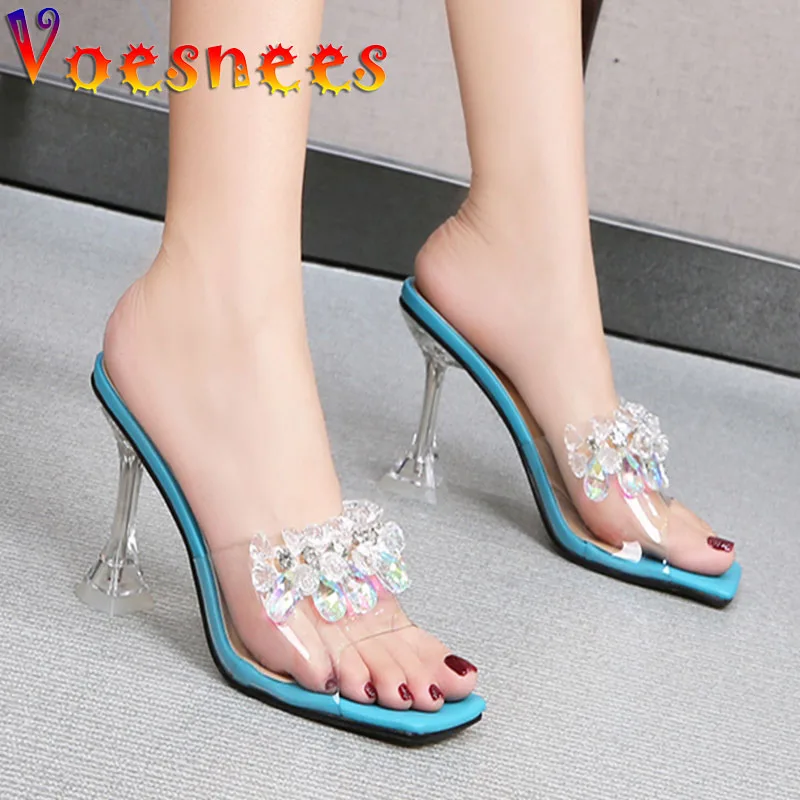 Voesnees Rhinestone High Heel Women Summer Slippers Fashion Shiny Sequins Transparent Crystal Sandals Square End 9CM Lady Shoes