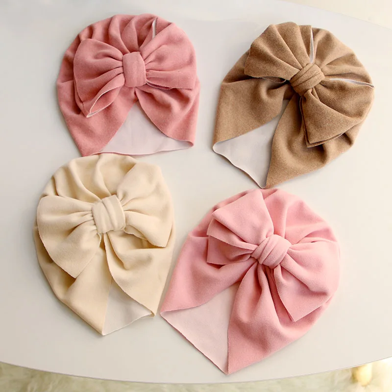 Cute Big Bow Baby Hat Solid Color Newborn Infant Indian Hat Soft Cotton Girls Turban Cap Beanie Head Wrap Kids Bonnet