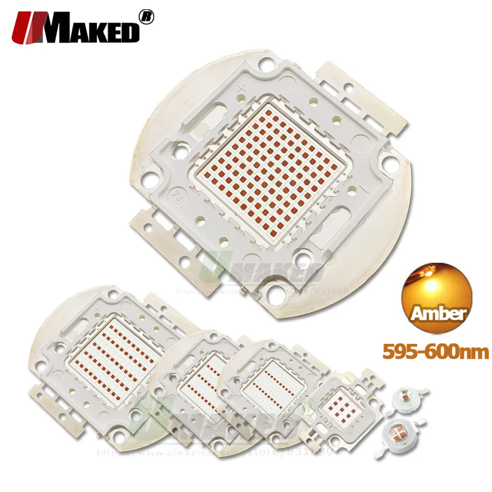 High Power LED Chip 1W 3W 5W 10W 20W 30W 50W 100W Amber595-600nm SMD COB Doide Light Bead 1 3 5 10 20 50 100 Watt For spotlight