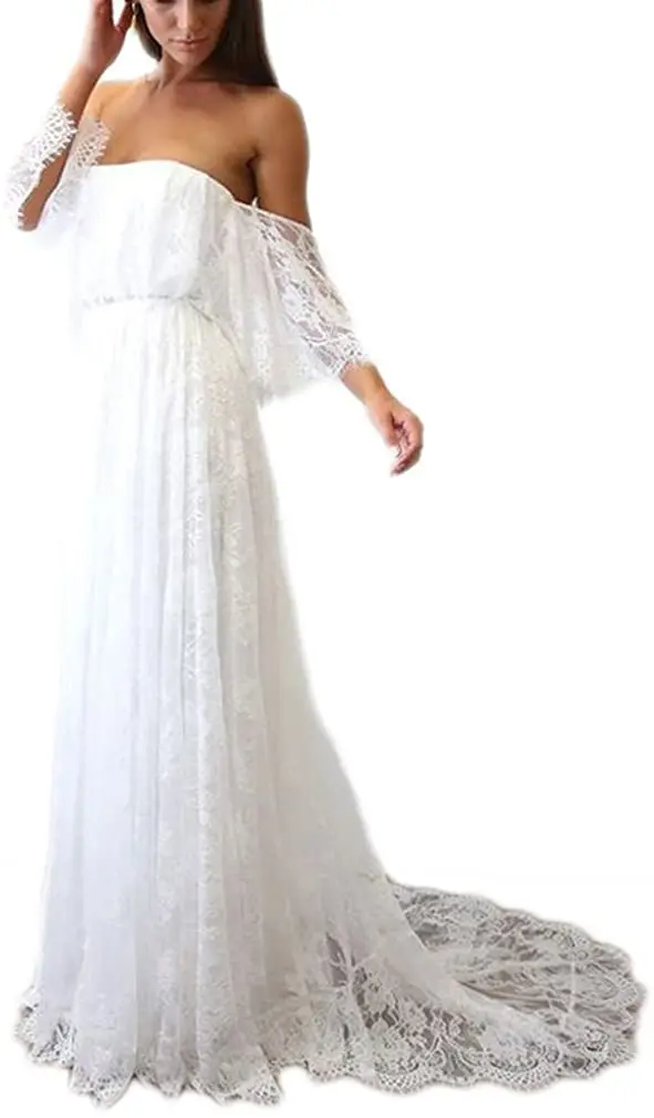 Beach Lace Appliques Bride Dress New Cap-Sleeves Slit Side White Wedding Dresses 2020 Boho Bridal Gown vestido de noiva