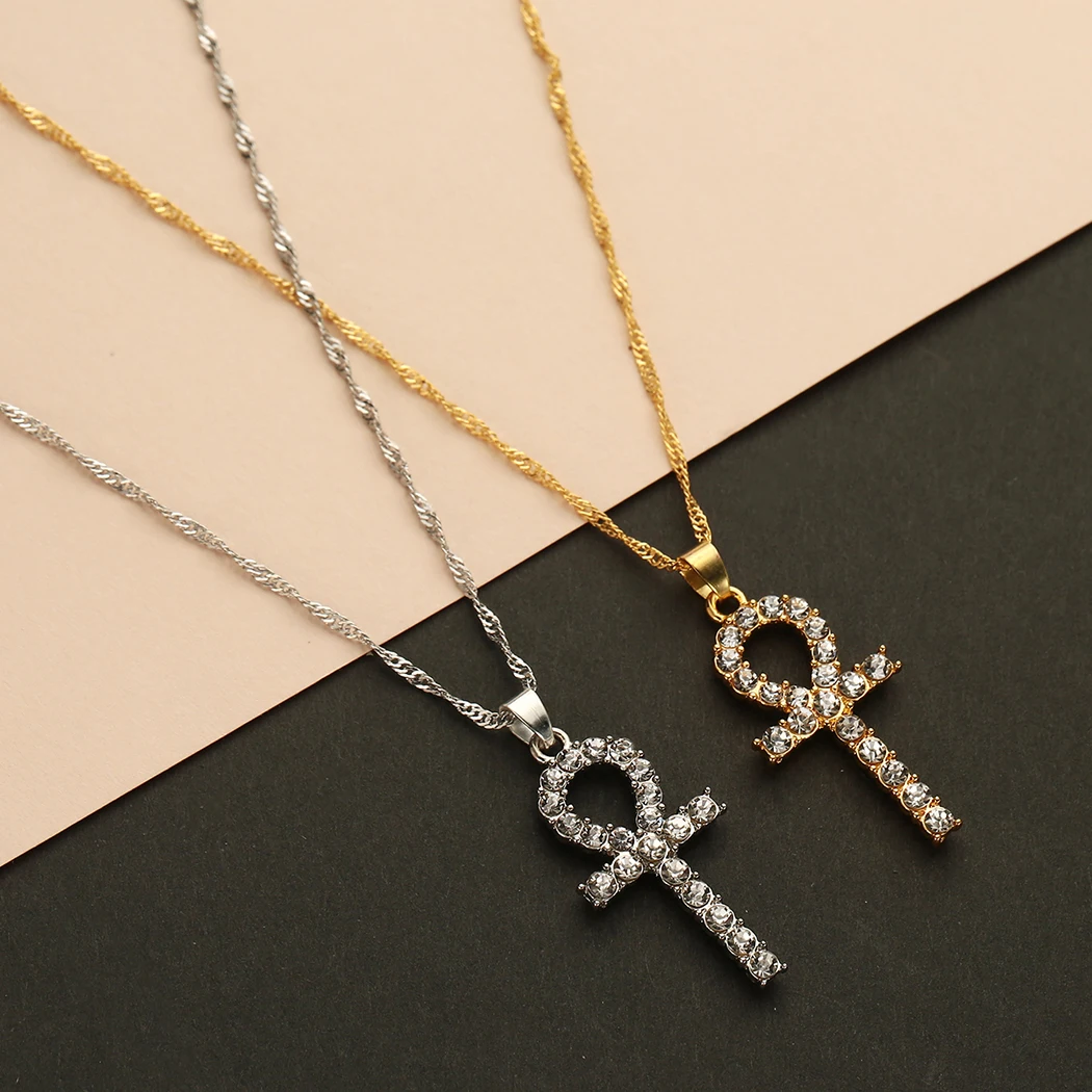 QIMING Amulet Ankh Cross Pendant Necklace Women Men CZ Crystal Egyptian Key Of Life Pendant Necklace Religious Jewelry