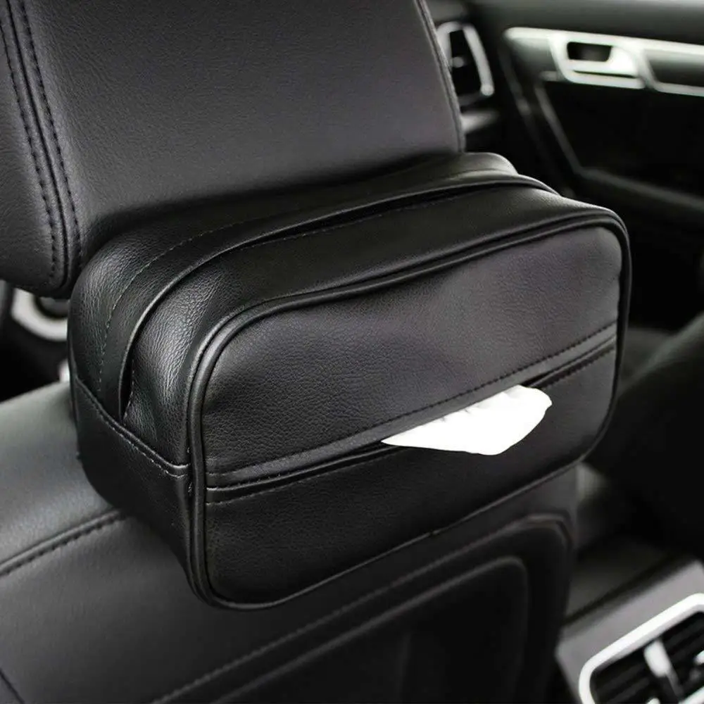 

​Car Sun Visor Tissue Case Leather Back Seat Hanging Paper Holder Organizer Bag Black