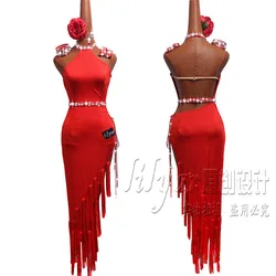 New Latin Dance Dress Competition Dress Costumes Skirt Performing Dress Rhinestones Adult Customize Children Red Fringed Skirt