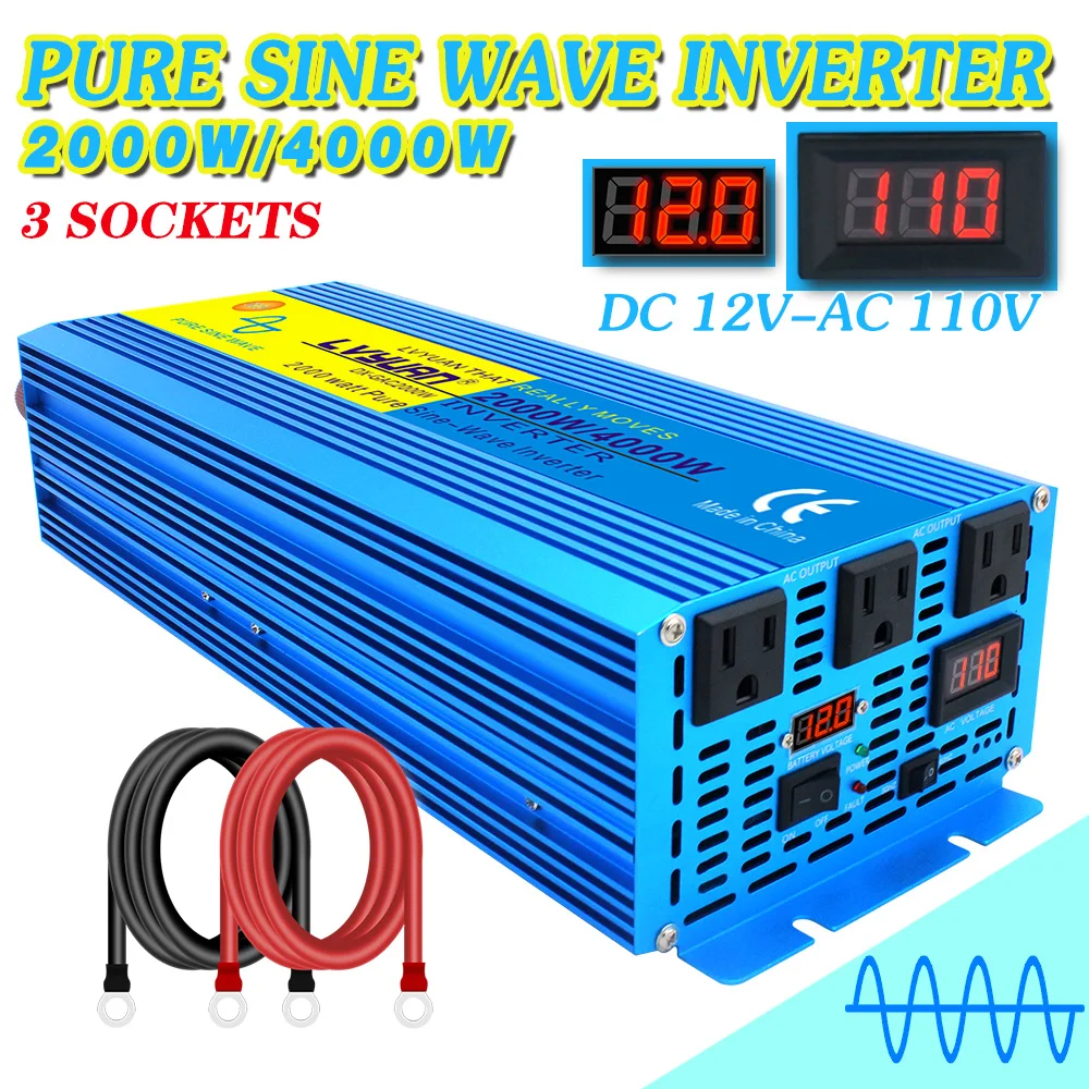 DC 12V/24V To 110V-130V 50Hz/60HZ 3000W 4000W Peak 3 US Socket AC Outlet LED& LCD Digital Display Power Inverter