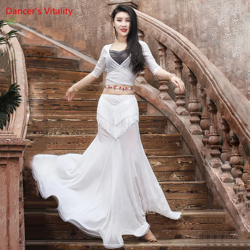 

Belly Dance Suit Water Yarn Top Half Sleeve Tassel Sequins Skirt Practice Clothes Female Oriental Dancing Performance Clothing