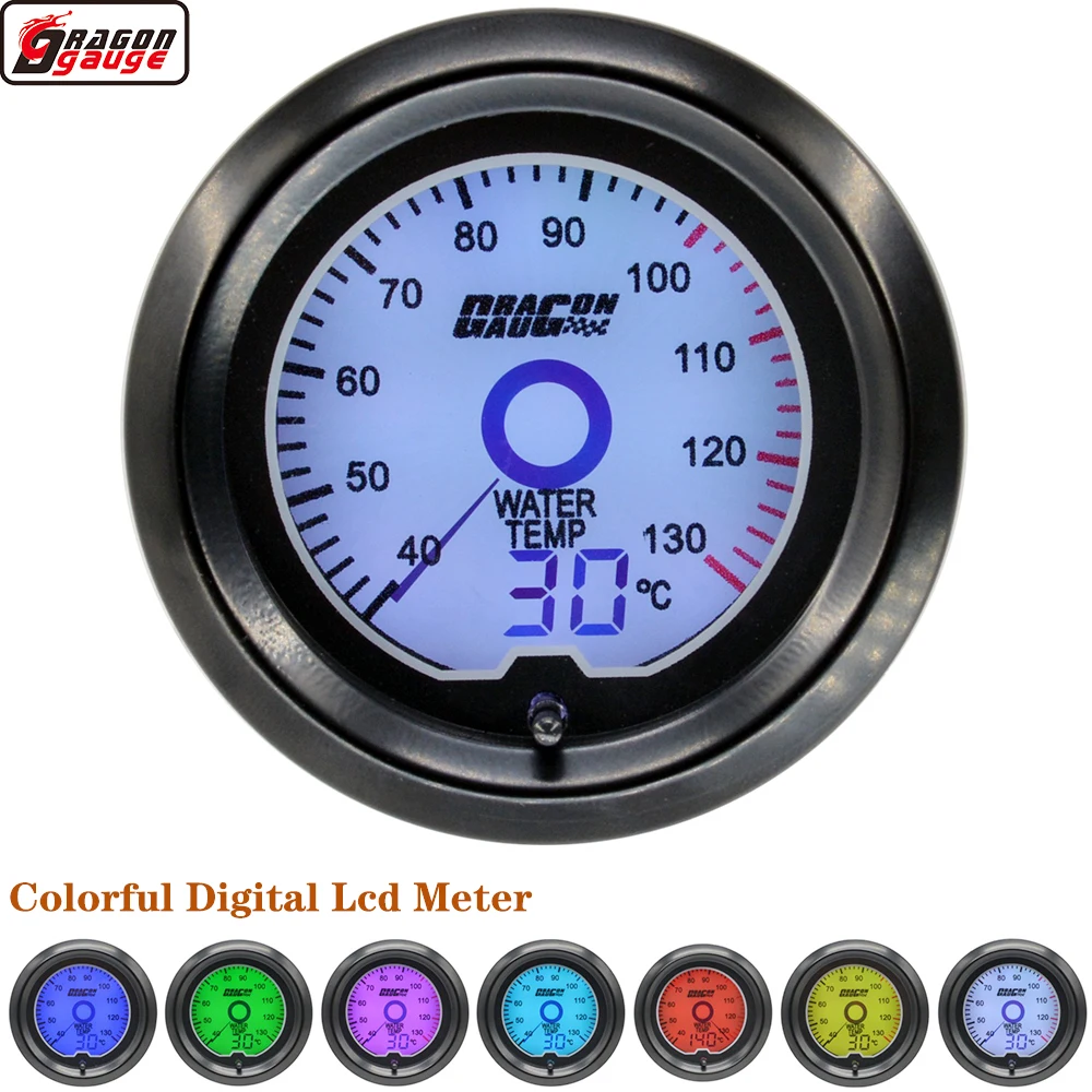 

52mm 7 Colors Backlight LCD Pointer Digital Water Temp Gauge 40-130 Celsius Temperature Equipped For 1/8 NPT Sensor
