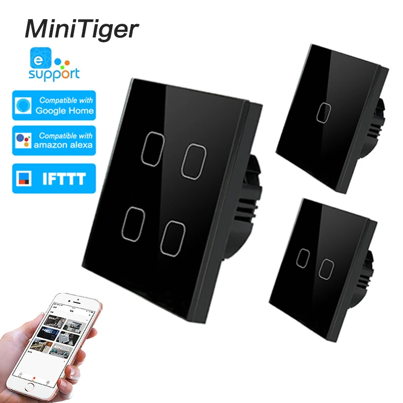 

Minitiger ewelink Smart Home 1/2/3/4 Gang 1 way Wireless WiFi EU Standard Touch Switch Wall Light Switch,Luxury Crystal Glass