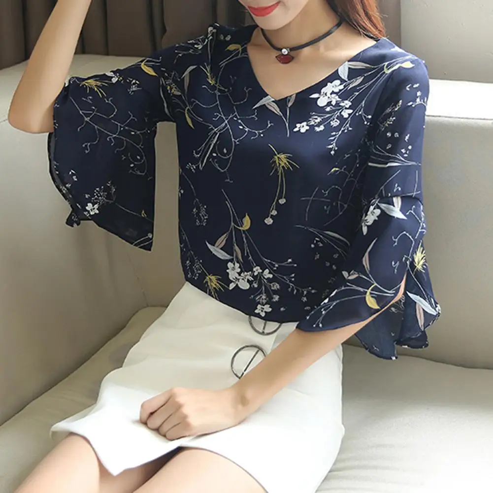 Office Lady Fashion Flower Print Shirt Half Flare Sleeve V Neck Chiffon Blouse Casual Daily Wear Top Shirts With Short Sleeve