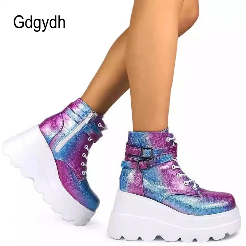 Gdgydh Fall Winter High Platform Boots Women Leather PU Wedges Ankle Boots Women Punky Style Party Goth Shoes Woman Big Size 43