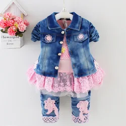 Frühling Herbst Infant Kleinkind Baby Mädchen Denim Kleidung Sets 3 stücke Langarm T Shirt Tops Denim Jacke und Jeans hosen