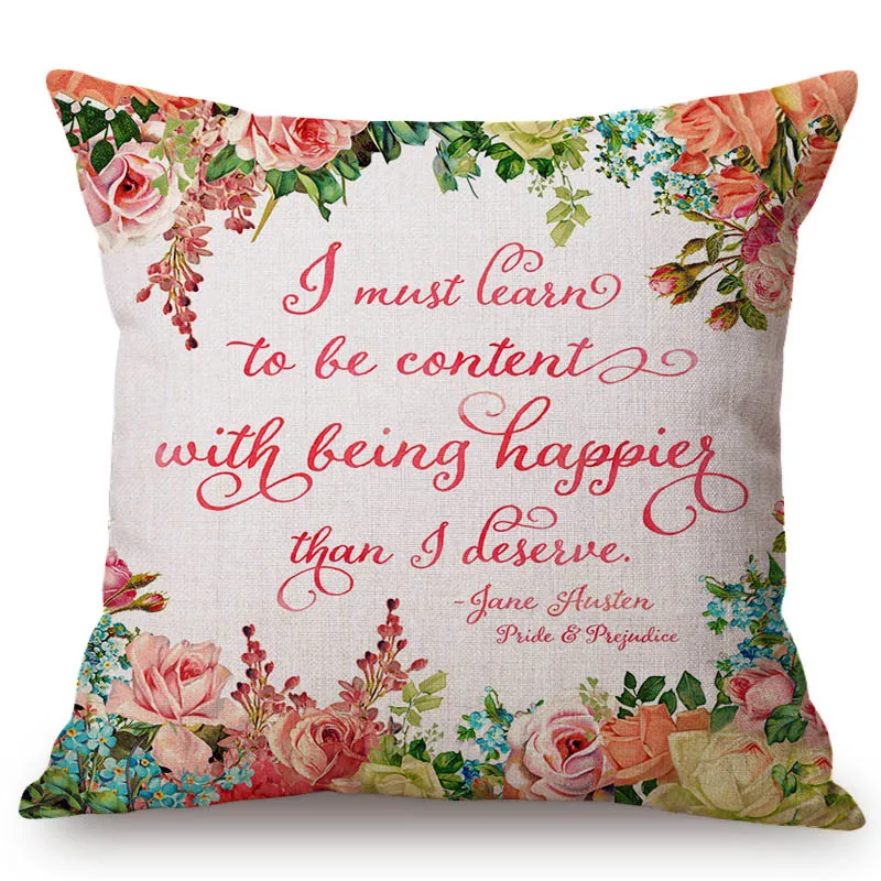 Jane Austen Quotes Flower Wreath Watercolor Letter Art Cotton Linen Sofa Throw Pillow Cover Home Decoration Chair Cushion Cover