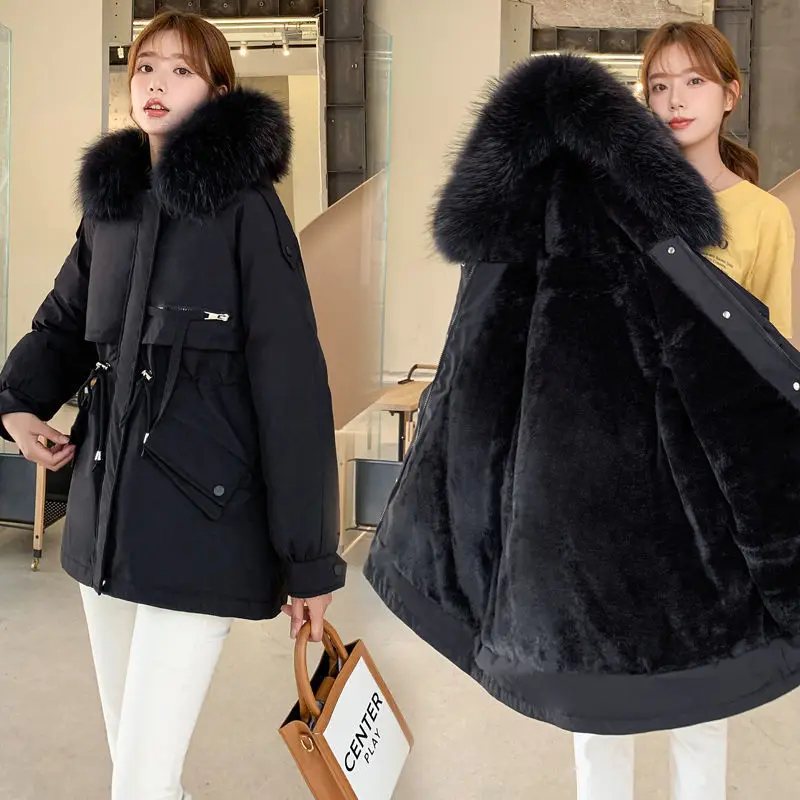 Plus size fox fur collar coat women\'s winter pregnant women plus velvet thick warm down cotton coat women\'s winter parka coat