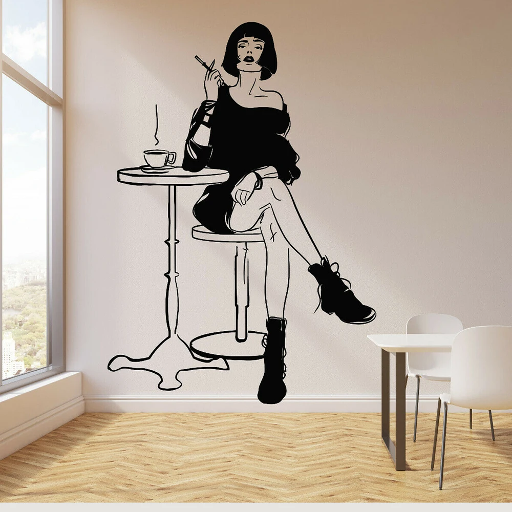 Cafe drink Coffee Wall Decal Vinyl Parisian Beauty Woman In Cafe Coffee Cigarette Wll Stickers Cafe door Decoration Poster Z590