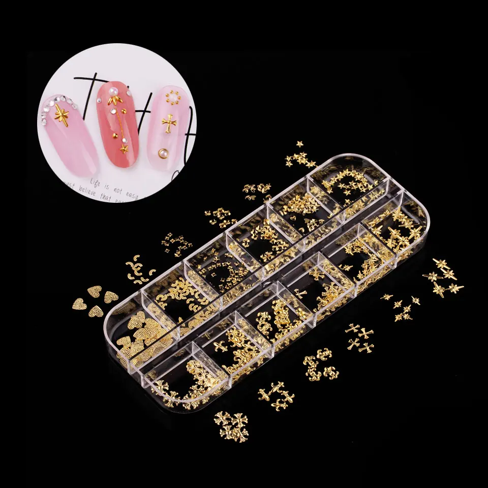 1 Boxed 12 Grids Rose Gold 3D Alloy Metal Nail Rivets Charms Nail Studs Nail Ornament Heart Star Moon Cross Nail Art Decorations