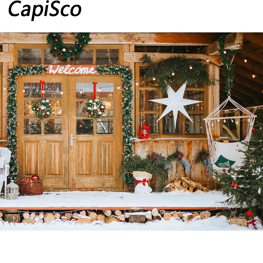 Capisco Christmas Backdrop Wood House Tree Snow Wreath Newborn Portrait Photography Winter Photo Background for Studio Props