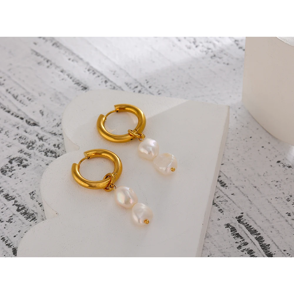 Yhpup Stainless Steel Natural Pearl Hoop Earrings Charm Metal Texture Geometric Fashion Jewelry украшения бижутерия Gift