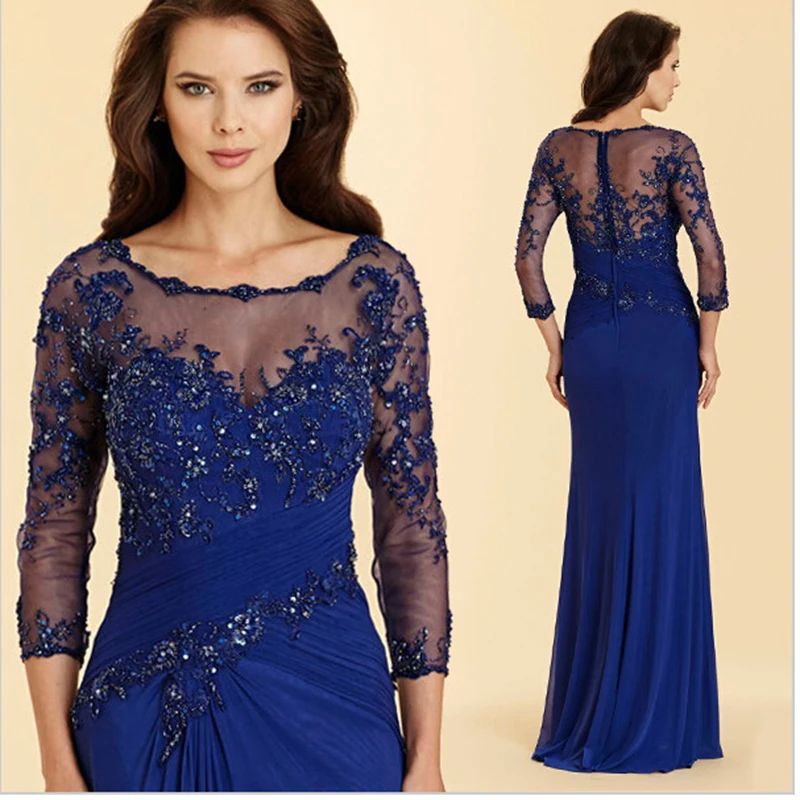 Pizzo perline blu Navy Plus Size guaina abiti per la madre della sposa per matrimoni abiti da madrina in Chiffon abiti 2021