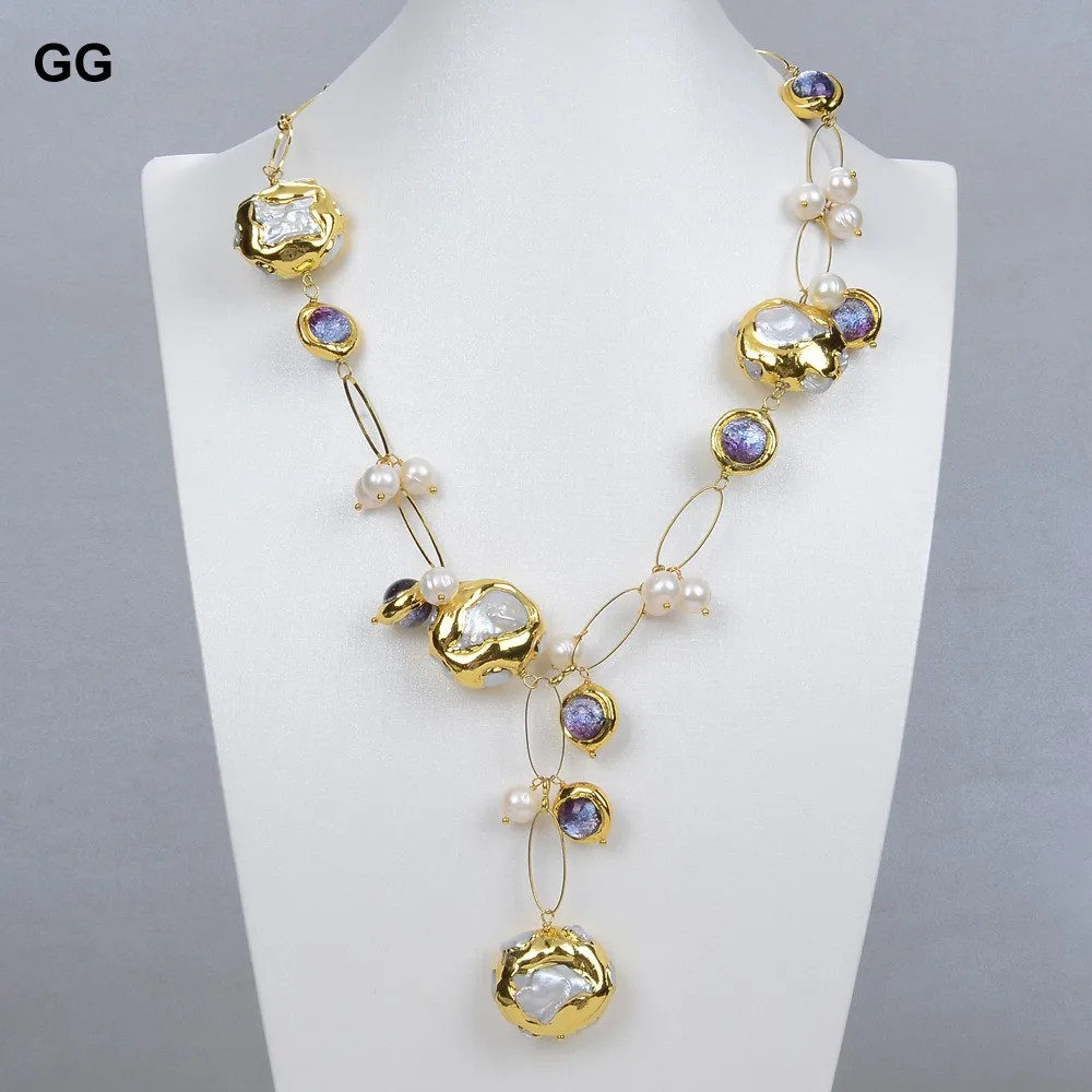 GG Freshwater Cultured White Keshi Pearl Gold Plated Edge Purple Murano Glass Necklace 21