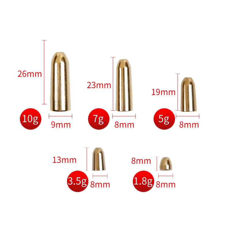 MAGBLUE 5Ppcs/Lot cylinder shape copper Fishing Bullet 1.8g 3.5g 5g 7g 10g For Fish lure Hook Texas Rig Cone Hollow Line Through