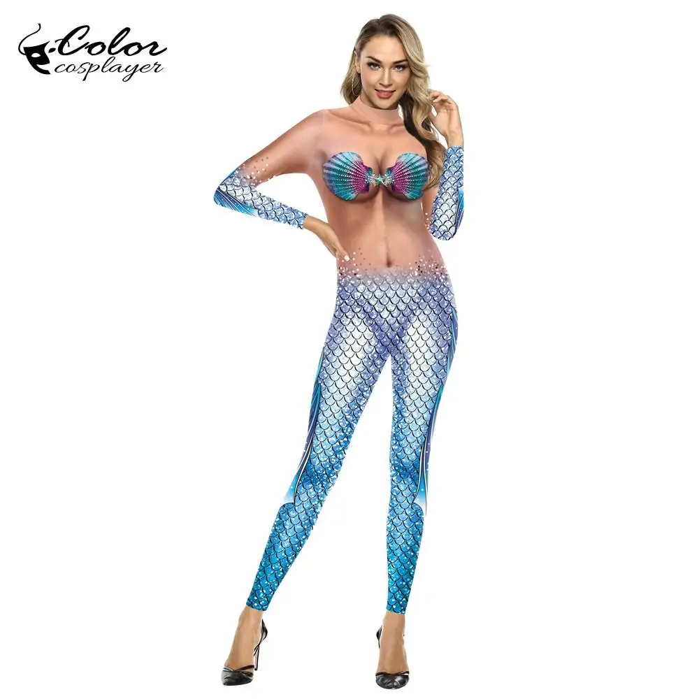 Disfraz de Cosplay de sirena para mujer, Catsuits elásticos de Spandex brillante, Zentai traje, moda de Halloween, nuevo