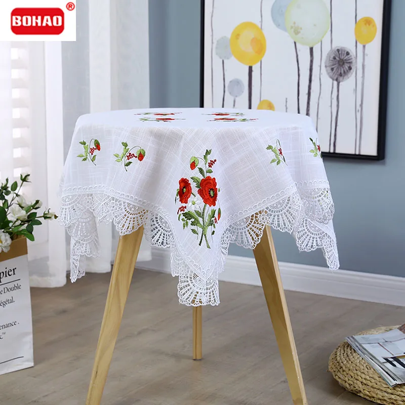 BOHAO Table Cloth  White Tablecloth 85x85cm Square Lace Placemat New Year's Tablecloth Table Placemats Maps Red Poppy Embroidery