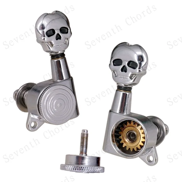3R3L Chrom-Gitarrenstimmwirbel mit Totglockenmechanismus für Akustik-, E- und Folk-Gitarren – Totenkopf-Design – Detail 4