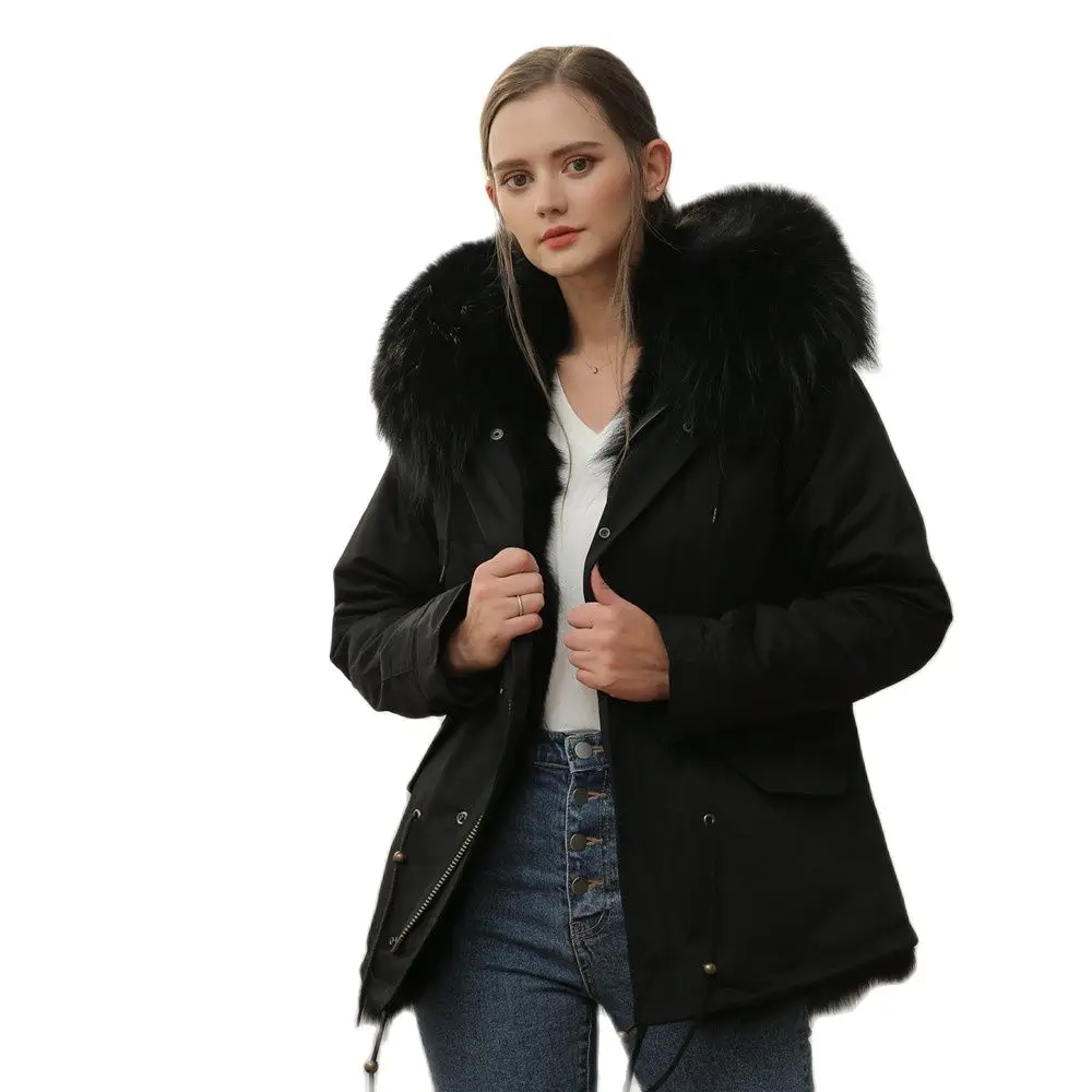 

Black Fox Fur Parka Jacket With Real Fur For Women Raccoon Fur Collar Trimming Short Coat