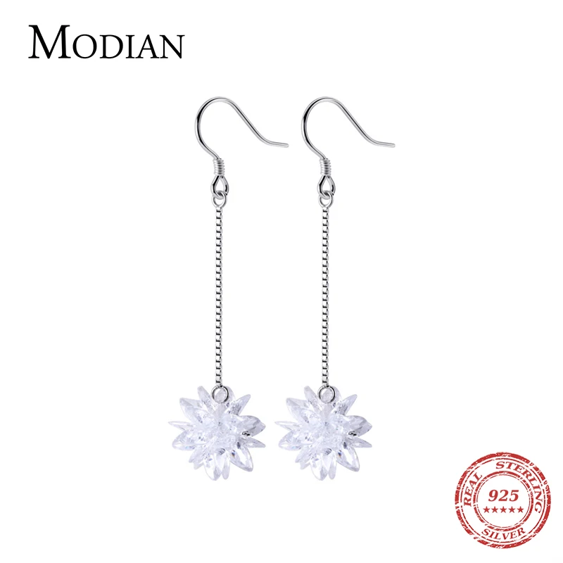 Modian Genuine 100% 925 Sterling Silver Long Chain Snowflake Crystal Drop Earrings Fashion Dangle Ear For Women Charm Jewelry