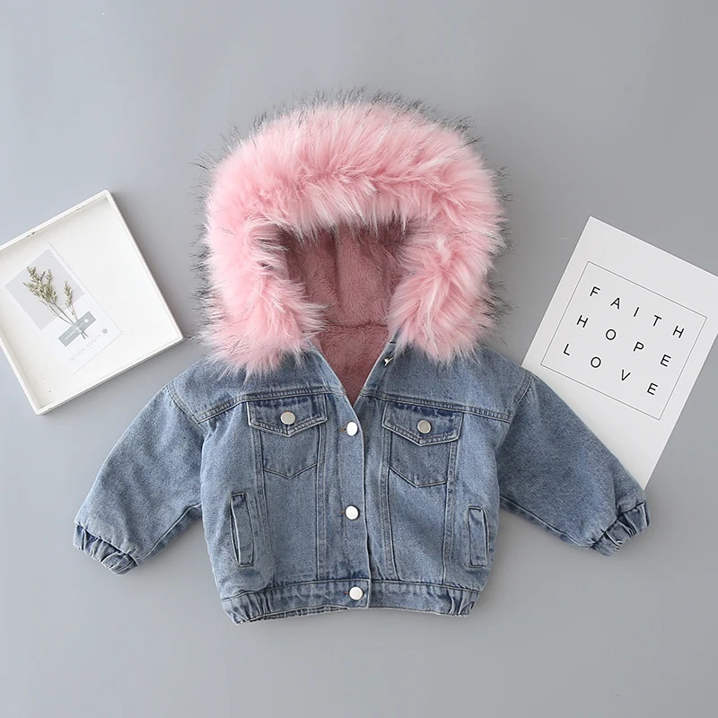 Baby Girl Deinm Jacket Winter Toddler Kids Faux Fur Hooded Fleece Warm Denim Coat 1-10Years Children Thick Outwear Coat Overcoat