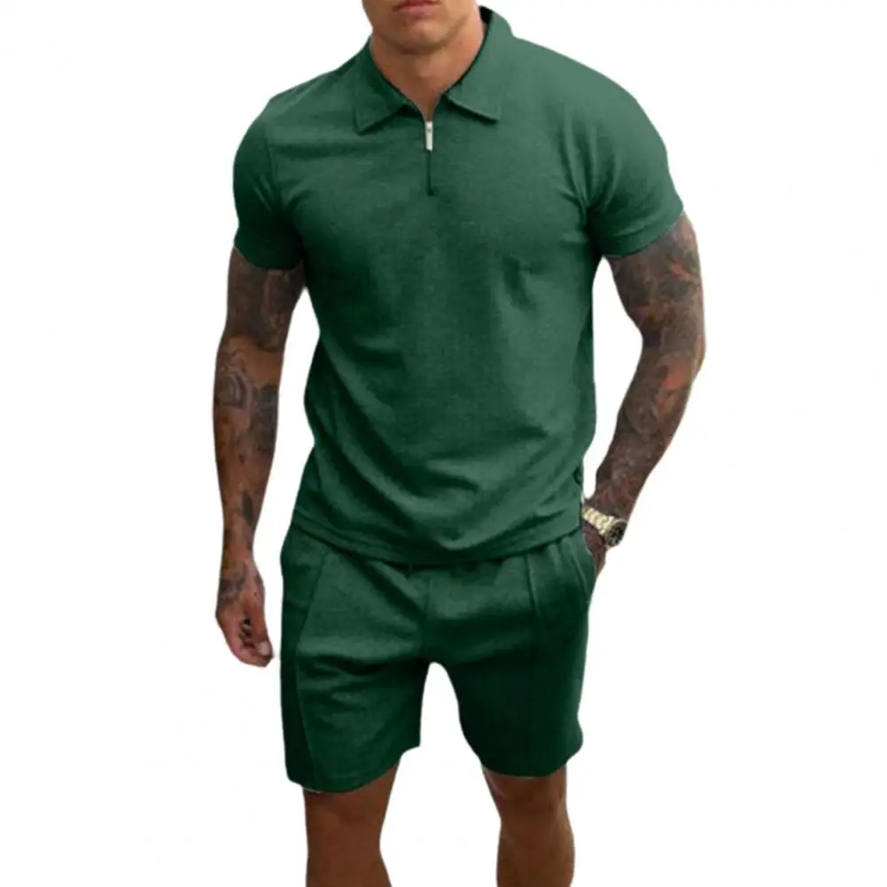 Summer Tracksuit Solid Color Drawstring Men Short Sleeve T-shirt Drawstring Shorts for Fitness