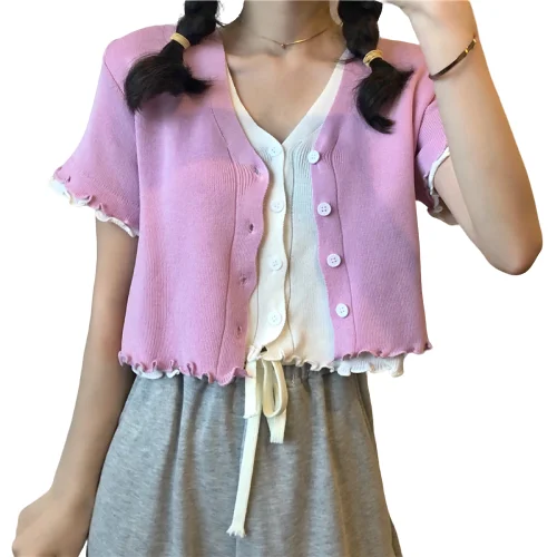 Knit Cardigan Shirt Women Single-breasted Patchwork One-piece Crop Sweater Summer Tops Female Short Sleeve Cardigans