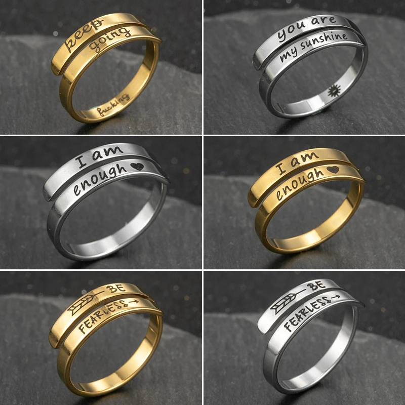 I am Enough Stainless Steel Ring Awareness Rings Jewelry for Women Fashion Keep Going Cuff Ring Simple BE FEARLESS Anillos Mujer