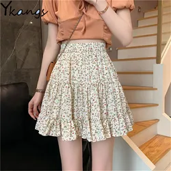 Summer Floral Print Boho Sexy Mini Skirt Women Bandage Fashion High Waist Frills Short Skirt Korean Fashin Ruffle Pleated Skirts