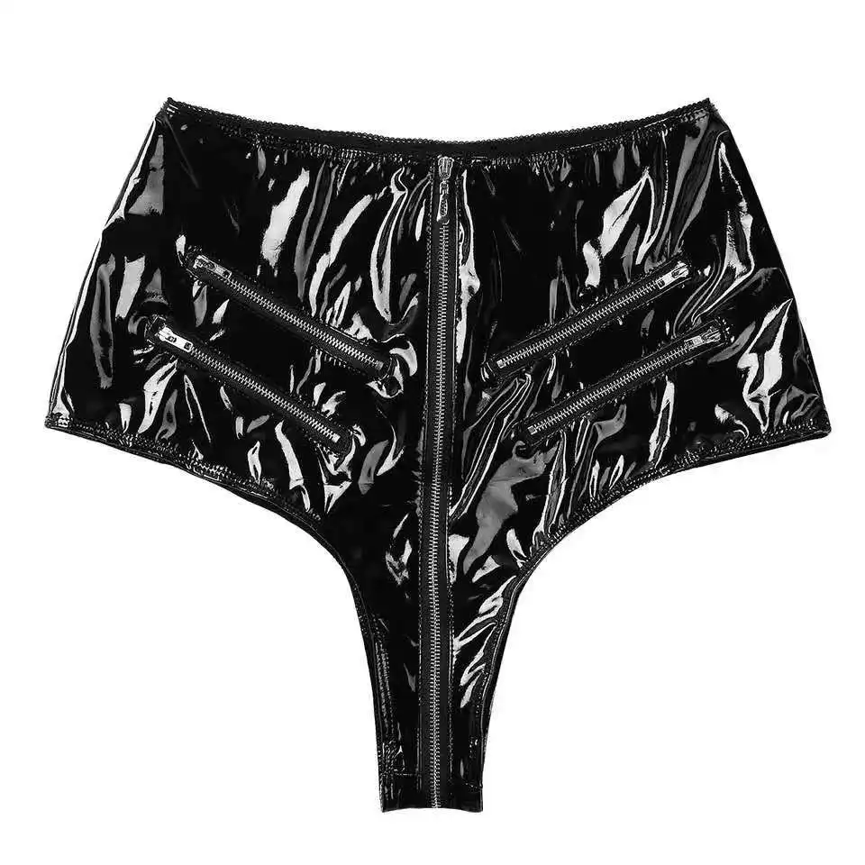 Women Sexy Opening Crotch Leather Shorts For Sex Erotic Porn Below Crotchless Underwear Glossy Zipper Latex Bag Hip Pants Sexi