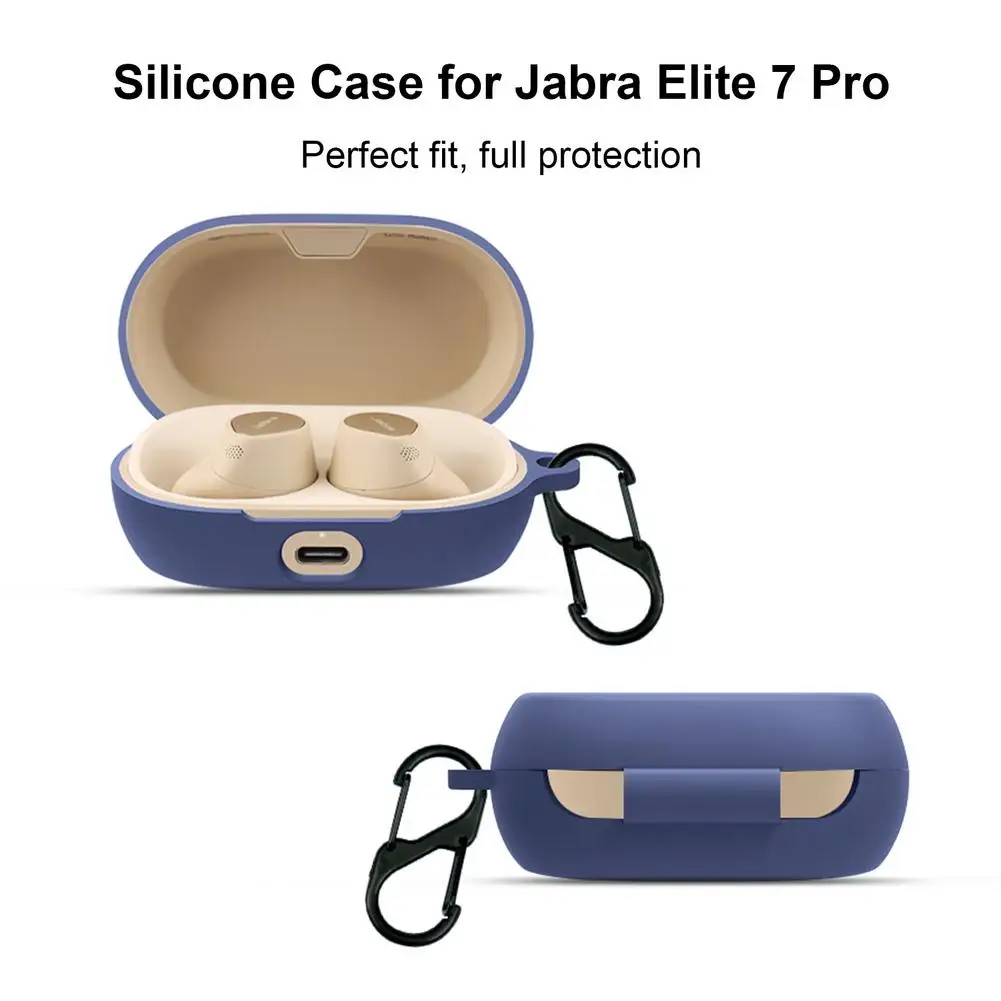 Protective Soft Silicone Cover For Jabra Elite 7 Pro Portable Shock-Absorbing Cases With Carabiner Keychain Front LED Visible