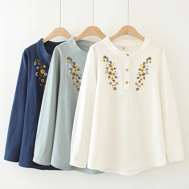 Autumn Women Shirts Ladies Chest Embroidery Tops Female Long Sleeve Blouses COTTON&LINEN Loose Plus Size Clothing F32 F195