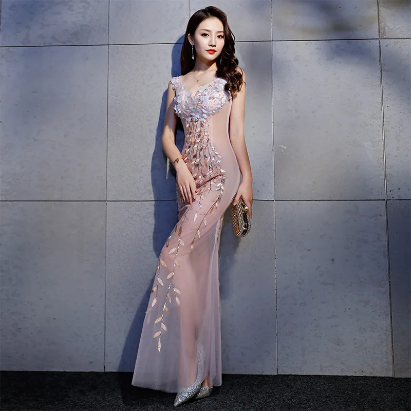 Robe De Soiree Longue Sexy V-neck Night Club KTV Elegant Lace Appliques Mesh Dance Party Evening Dress Cheap Cocktail Dresses