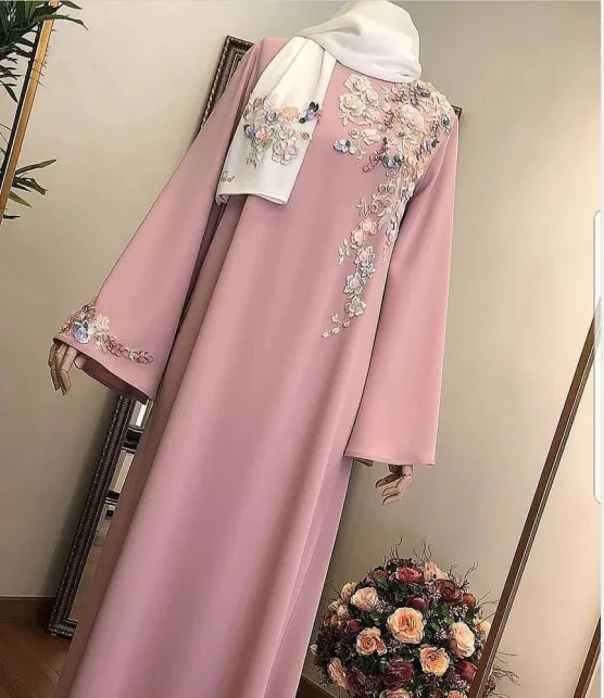 

Pink Moroccan Kaftan Caftan Muslim Evening Dresses A-line Long Sleeves Chiffon Appliques Dubai Arabic Turkey Abaya Islamic Gown