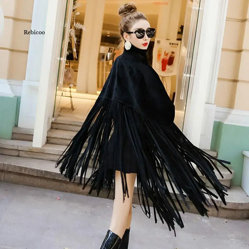 

New Spring Autumn Black Jacket Women Loose Tassels Turtleneck Long Sleeve Women Cape Coat Women Fashion Ponchos